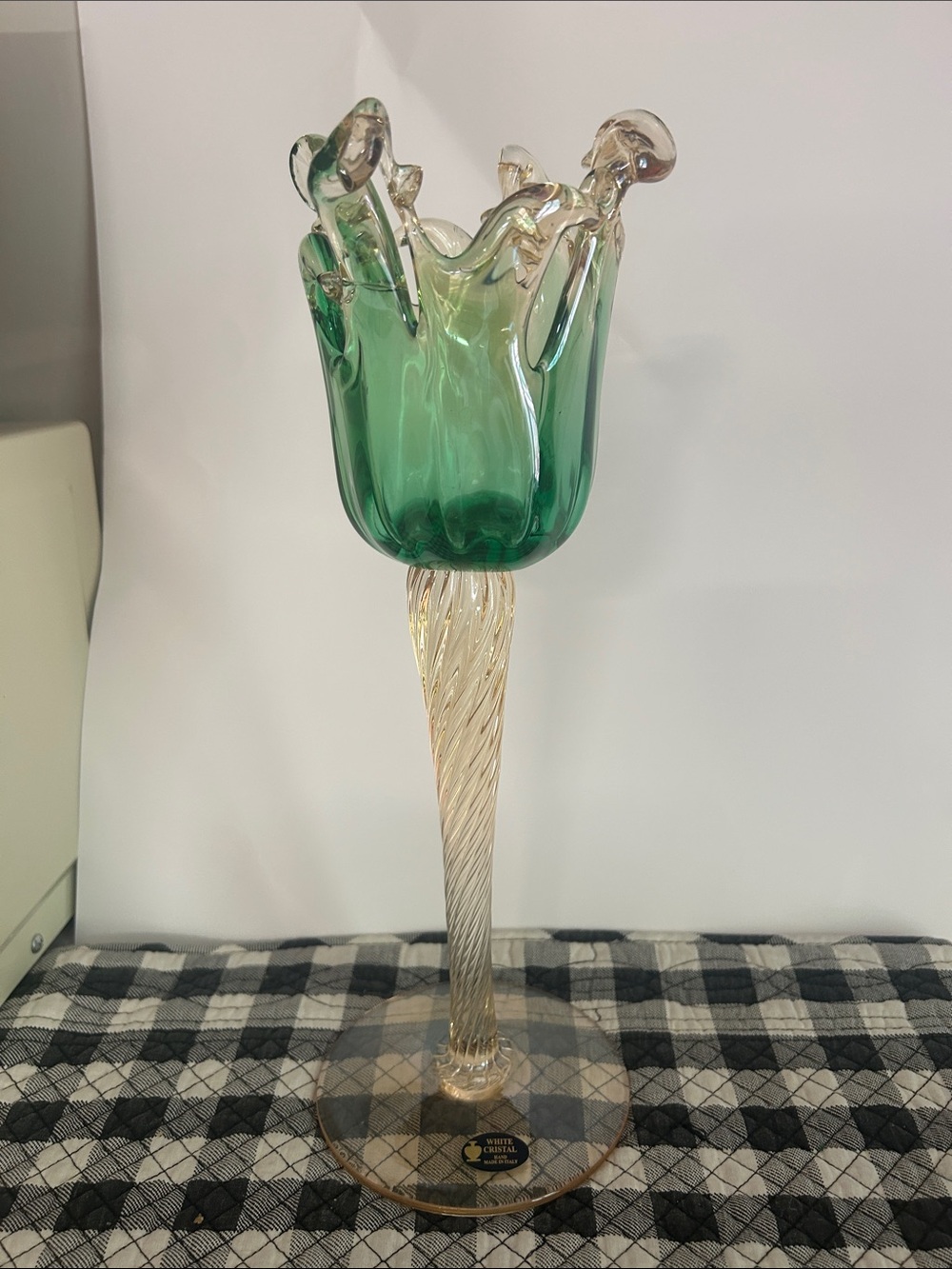 Murano Green and Clear Handblown Tulip Sculpture